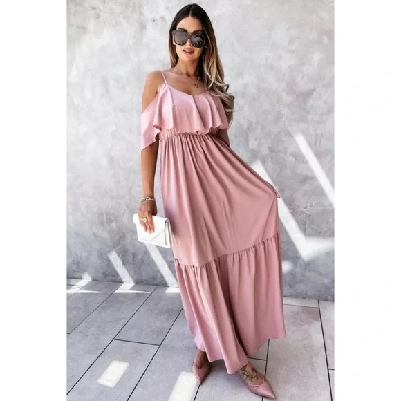 Pink Short Sleeve Cold Shoulder Tiered Long Flowy Maxi Dress - Picture 5 of 7